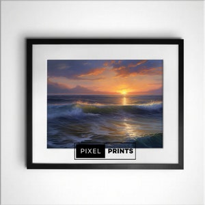 Oil Paining Ocean Sunset with Waves Wall Art Print | Digital Download