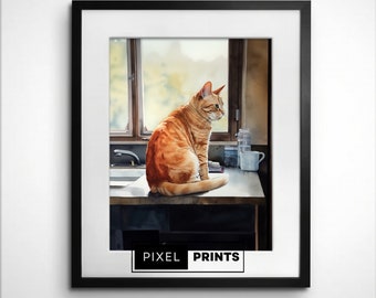 Watercolor Orange Ginger Tabby Cat Wall Art Print | Digital Download