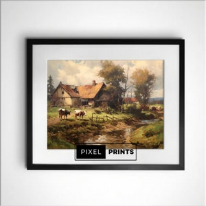 Vintage Oil Painting Farm with Cows Wall Art Print | Digital Download