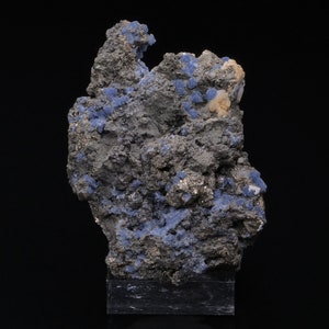 May include: A large, rough, gray rock with blue mineral crystals and a white mineral cluster. The rock is on a black display stand.