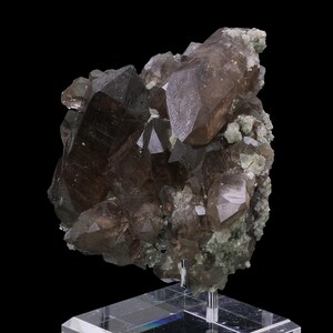 May include: A cluster of smoky quartz crystals, showcasing a range of brown hues and sharp, geometric formations. The crystals are set against a dark background, highlighting their natural beauty and intricate structure. The quartz is mounted on a clear stand.