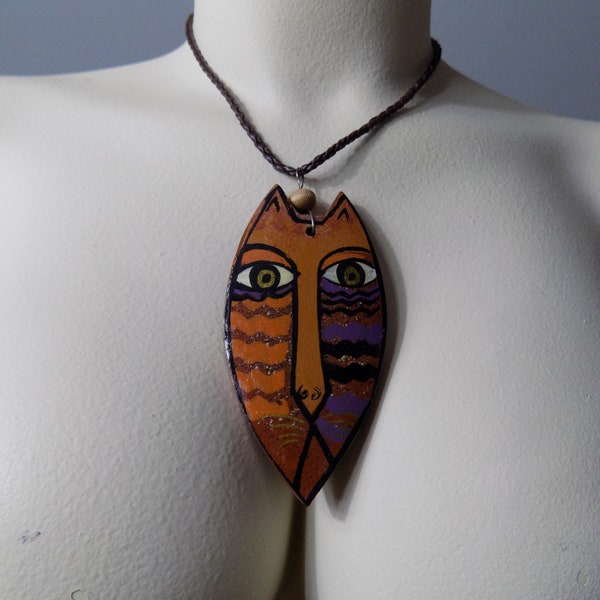 Vintage Laurel Burch Wood Cat Necklace Sun N Sand