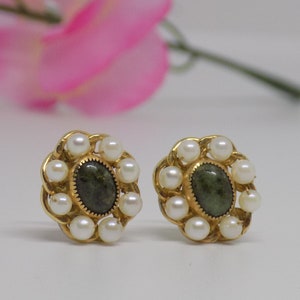 Vintage 12 KT Gold filled IPS Pearl and Connemara Marble clip-on earrings.