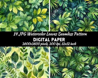 Leaves pattern, Leaves Seamless Pattern Digital Paper, Instant Download, Commercial Use, Watercolor leaves pattern, Green Jungle Leaves