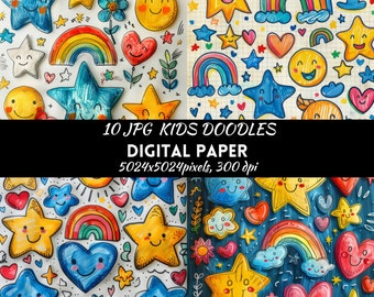 Kids Doodles Digital Paper Commercial use Digital download, Colorful doodles, Cute funny doodles Scrapbook paper, Clip art