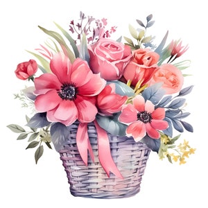 Watercolor Basket With Pink Flowers Clipart, Watercolor Clipart, Floral ...