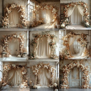 30 sobreposição de fundo digital de arco floral, fundo digital de arco floral de maternidade para casamento, fundo de arco floral boho bege e branco