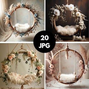 Fondo digital para recién nacidos, columpio para recién nacidos, aro de flores estilo bohemio, fondo para recién nacidos, superposición para recién nacidos, superposiciones de Photoshop, fondo floral