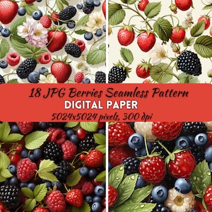 Papel digital de bayas, patrón sin costuras de bayas, patrón sin costuras de frutas de papel de álbum de recortes, papel de regalo, papel digital imprimible