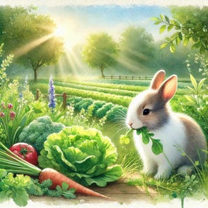 Imágenes prediseñadas de conejo, imágenes prediseñadas de conejos de acuarela, un lindo conejo mordisqueando verduras frescas, imágenes prediseñadas de papel digital, imágenes prediseñadas de conejito, imágenes prediseñadas de primavera