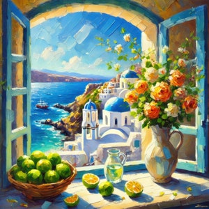 Santorin Clipart Santorin, vue à travers une fenêtre ouverte, paysage de la Grèce, clipart vacances, Santorin, Grèce, illustration de la Grèce