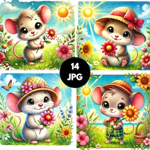 Blumenmaus Clipart, kommerzielle Nutzung, Maus und Blumen Clipart, niedliches Aquarell Maus Clipart, niedliche Mäuse, Kinderzimmerkunst