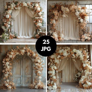 Cenário de arco floral bege, cenários digitais de arco floral de casamento boho, cenário digital de maternidade, sobreposição de cenário de fundo de foto de fundo bege