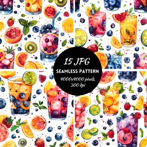 Cocktail Seamless Pattern Digital Paper Commercial Use Instant Download, Watercolor Cocktails Seamless Pattern,Summer Fruits Pattern