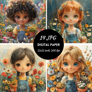 Jardinería niña clipart papel digital uso comercial descarga instantánea, niña acuarela clipart, arte infantil, diario, scrapbooking