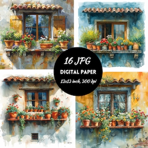 Puede incluir: Cuatro acuarelas de ventanas con jardineras. Cada ventana está ubicada en un edificio de color diferente. Las ventanas están todas abiertas y tienen cortinas blancas. Las jardineras están llenas de flores coloridas. El texto "16 JPG DIGITAL PAPER 13x13 inch, 300 dpi" está en la parte inferior de la imagen.