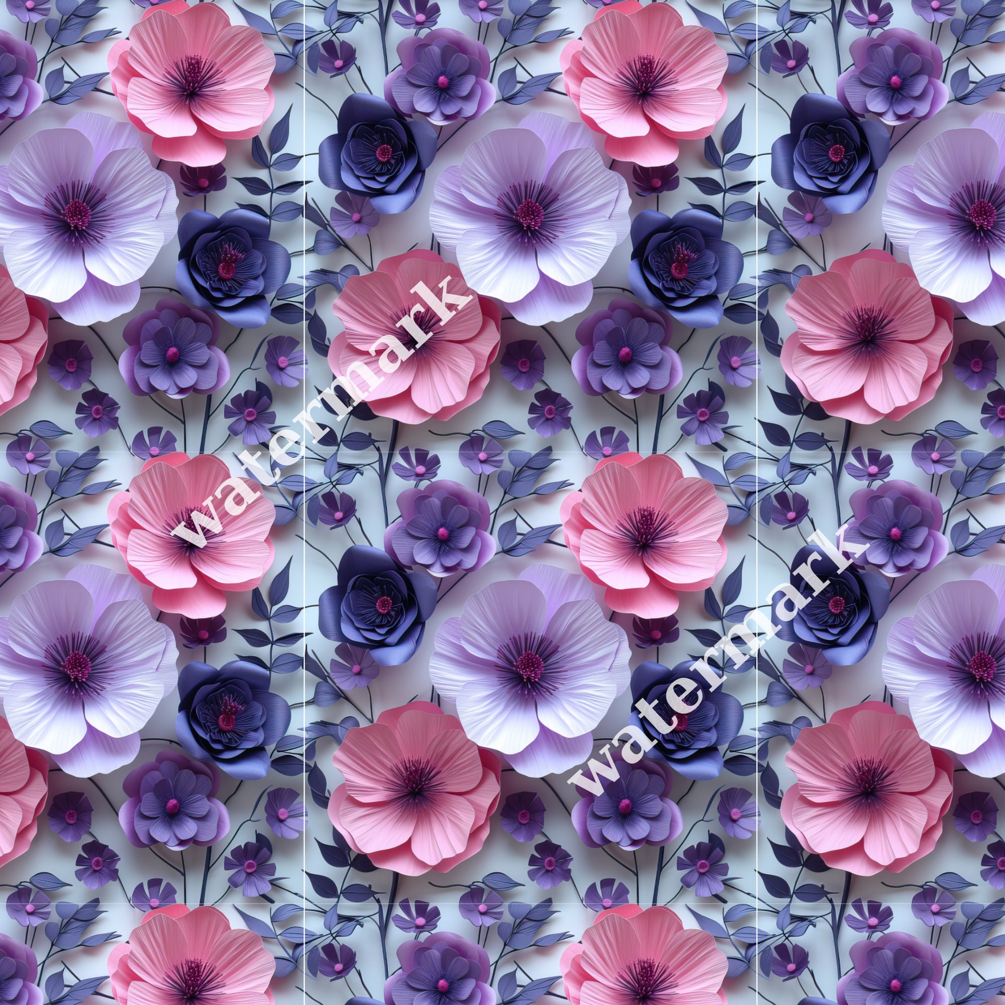 Purple Paper Flowers Seamless Pattern Digital Paper, Paper Flowers, 3D ...