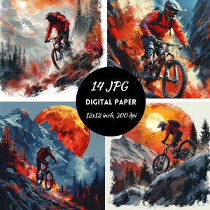 Può includere: Quattro design di carta digitale che presentano un paesaggio montano con un ciclista che guida una mountain bike. Il ciclista indossa una giacca e un casco rosso e nero. Lo sfondo è un tramonto arancione e rosso vibrante con una grande luna rossa. Le carte digitali sono di 12x12 pollici e 300 dpi.