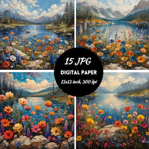 Mountain Lake Landscape Wildflowers Clipart Digital Paper Commercial Use, Mountain Clipart, Wilderness Clipart, Mountain Clipart Bundle