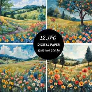 Aquarel weide digitaal papier commercieel gebruik Instant Download, weide papier, wilde bloemen, bloemen clipart, scrapbook papier