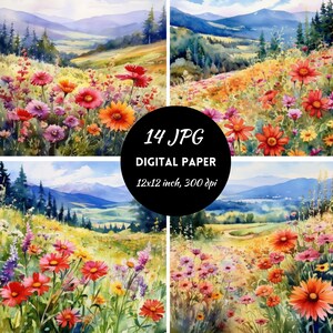 Weide clipart digitaal papier, Instant Download, commercieel gebruik, veld, wilde bloemen, aquarel clipart, scrapbook papier, kaart maken
