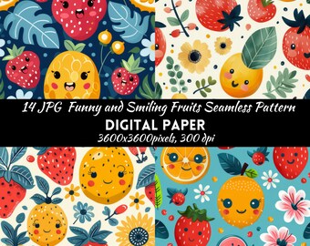 Funny Fruits Seamless Pattern Digital Paper, Fruits pattern, Kawaii fruits pattern, Funny fruits, Instant Download, Commercial Use