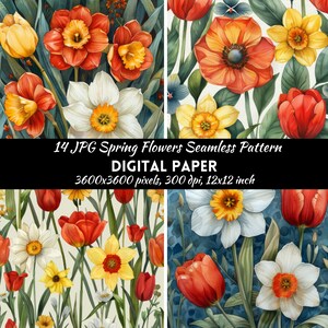 Spring flowers Seamless Pattern Digital Paper Commercial use Digital Download, Spring flowers pattern, Floral pattern, Scrapbook paper