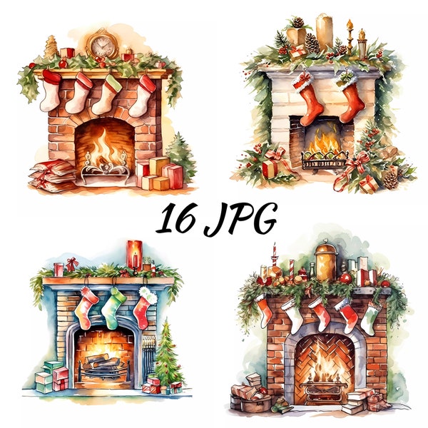 Christmas Fireplace with Stockings Clipart, Christmas clipart, Watercolor Clipart, Digital Download, Commercial Use, 16 High Quality JPGs