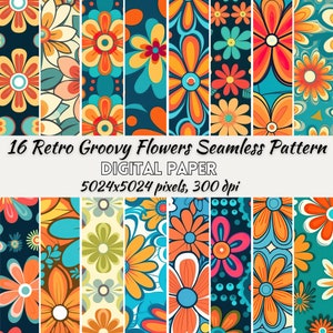 Flores Groovy, Flores Retro Groovy, Flores Patrón Sin Costuras Papel Digital, Patrón Floral, Estampados Florales, Patrón Sin Costuras, Papel Digital