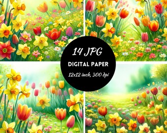 Spring Flowers Digital Paper Commercial Use Digital Download, Spring Flowers Clipart, Watercolor spring flowers, Spring clipart, Tulips