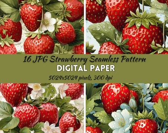 Papel digital de patrón sin costuras de fresa, patrón de fresa, papel digital de fresa, uso comercial, descarga instantánea, papel de álbum de recortes
