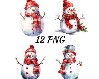Snowman Clipart, Watercolor Snowman PNG, 12 PNG Snowman Clipart, Commercial Use, Digital Download, Christmas Cliparts png, Clipart bundle