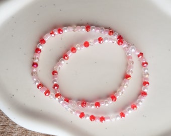 Valentines (2) Beaded Bracelet Set - Stretchy Handmade Bracelet - Red and Pink Beaded Bracelet