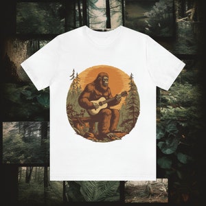 Funny Humorous Bigfoot Guitar Retro Graphic Tshirt Mens Tees Vintage Clothing Nature Gift For Him Her Womens Unisex Trending White Army