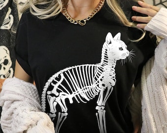 Skeleton Cat Spooky Halloween Black Shirt