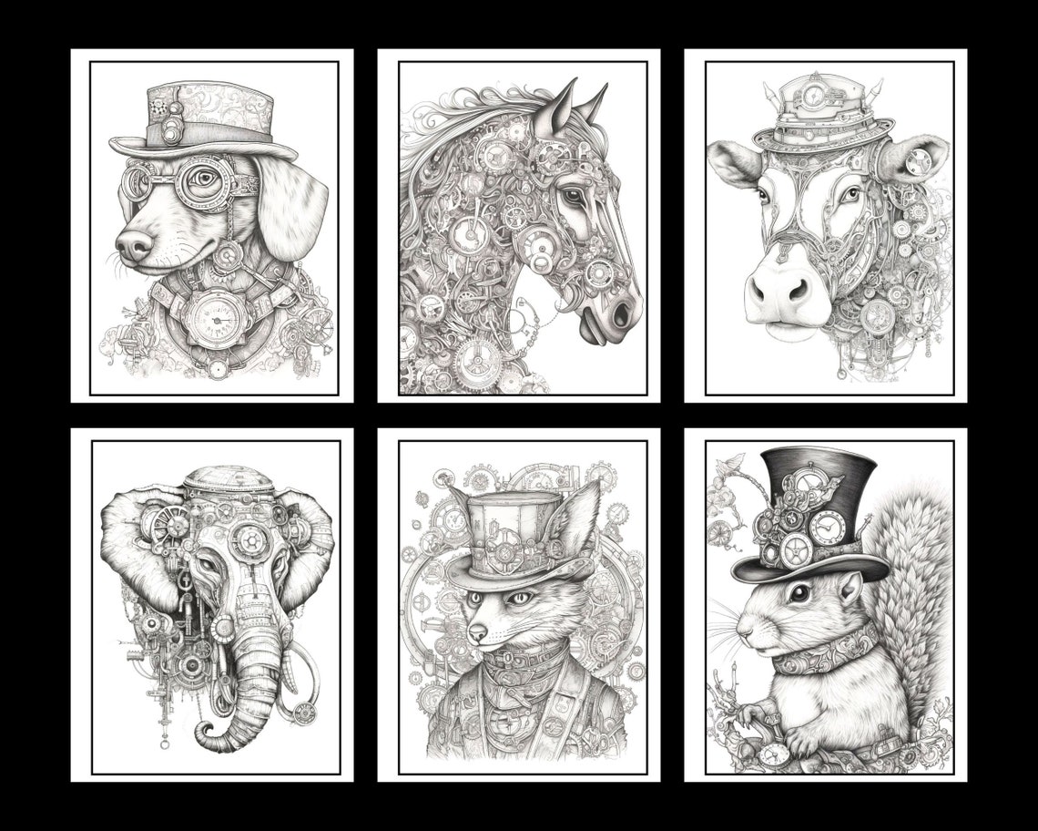 Steampunk Animals Coloring Book Pages Adult Coloring Pages Etsy