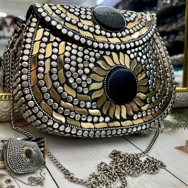 Metal/Mosaic Sling Bag,Ethnic Indian handcrafted hand bag,bridal purse,wedding gift,party wear clutch bag,vintage metal clutch,free ship