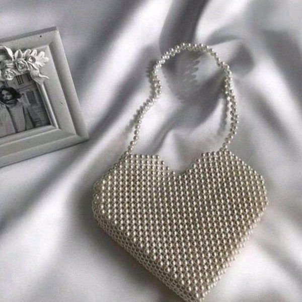 Heart Pearl Bag Pearl Clutch Bag Handbag Pearl Purse White Pearl Bag Pearl Beaded Bag Pearl Handle Bag Women Pearl Evening Bag Bridal bag