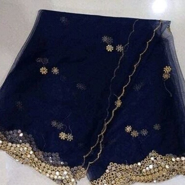 Blue Net Embroidered Dupatta/shawl,beautiful heavy party and wedding wear indian/pakistani traditional dupatta,free shipping,gift for women