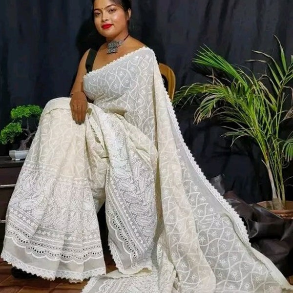 Damen Saree Chikankari Sari Festliche Kleidung Lakhnowi Sarees Off white Farbe Baumwollsari Geschenk für Frauen Jahrestagsgeschenk