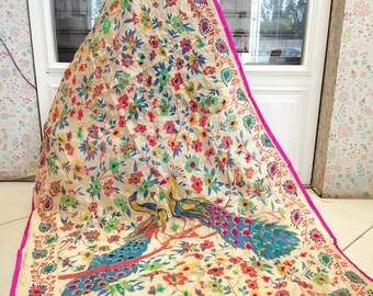 Embroidered Dupatta/shawl, beautiful phulkari scarf heavy party and wedding wear indian/pakistani traditional jaipuri dupatta, free shipping