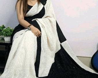 Women Saree Chikankari Sari Festive wear lakhnowi sarees Off white color Cotton saree gift for women Anniversary gift
