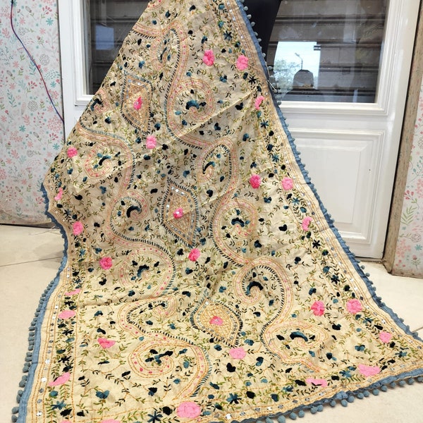 Embroidered Dupatta/shawl, beautiful phulkari scarf heavy party and wedding wear indian/pakistani traditional jaipuri dupatta, free shipping