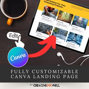 May include: A red arrow points to a tablet screen displaying a landing page for a tiling company. The page is titled "Real Solution For Time Consuming Problems" and features images of different types of tiling, including bathroom, kitchen, floor, wall, and commercial tiling. The text "Edit" is on a blue circle with a white arrow pointing up, and the text "Canva" is on a blue and purple circle. The text "FULLY CUSTOMIZABLE CANVA LANDING PAGE" is below the tablet screen, and the text "BY CREATIVEINKWELL" is below that.
