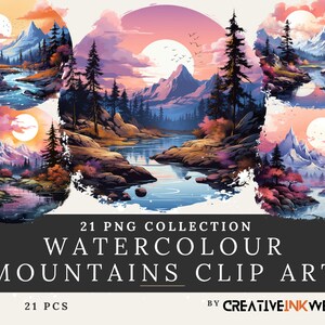 Aquarel bergen clip art collectie | 21PNG | Hoge resolutie | Majestueuze ontwerpen | CreatieveInktpot