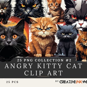 25 Colección de imágenes prediseñadas de Angry Cat #2 / Angry & Cute Kitty / Alta resolución / Adorables diseños PNG / CreativeInkwell