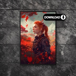 Aloy in Red Flowers: Horizon Forbidden West & Zero Dawn Poster | 2 Versions with/without Game Title, Downloadable PNG