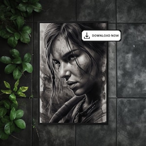 Lara Croft Poster - Tomb Raider Charcoal Design - Stunning Black and White