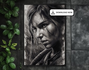 Lara Croft Poster - Tomb Raider Charcoal Design - Stunning Black and White