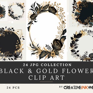 24 JPG Black & Gold Flower Clipart-collectie - Junk Journal | Elegante bloemmotieven | Uitnodigingen | CreatieveInktpot